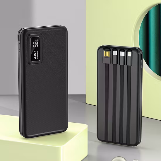 El cargador portátil, banco del poder 10000mAh, viene con una fuente de alimentación de carga de cuatro hilos para una carga rápida